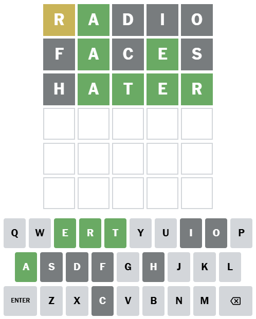 A screenshot of the first three turns of a Wordle game