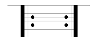 an image of a musical staff with a repeat sign, represented by two vertical lines and two dots
