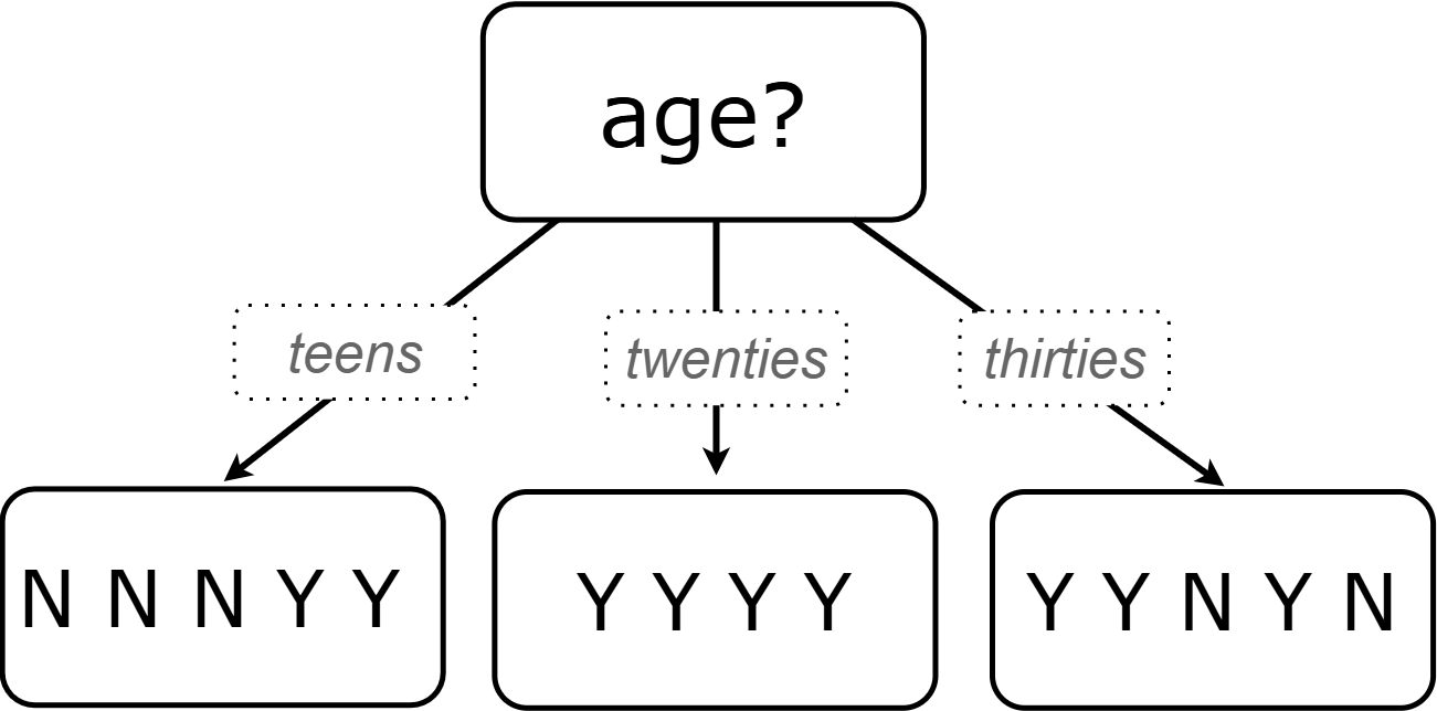 A one-level decision tree showing three branches (teens, twenties and thirties), coming from the root node of age.