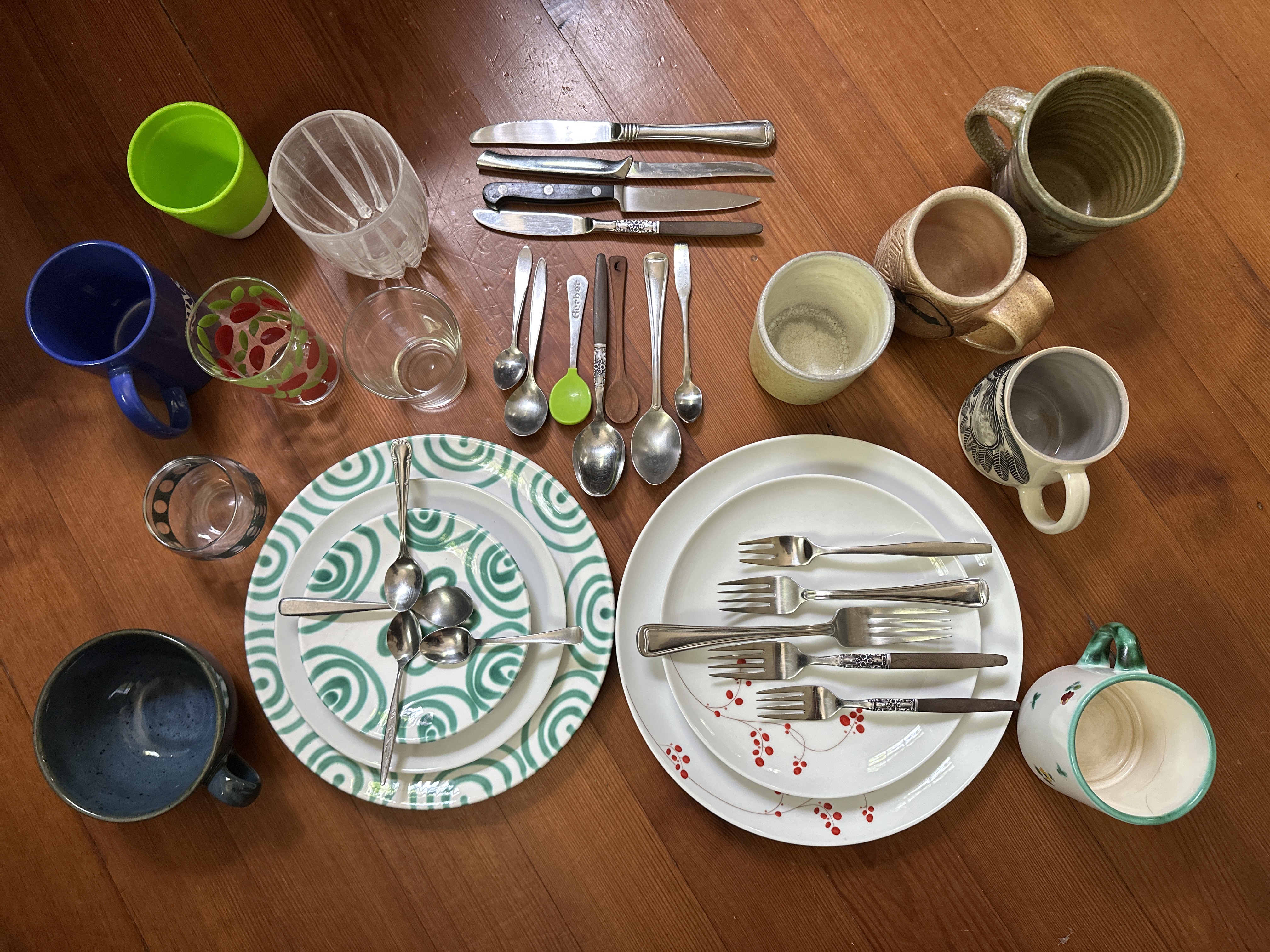 a photograph of one of the Bootstrap author’s mugs, plates, cups, forks, knives and spoons