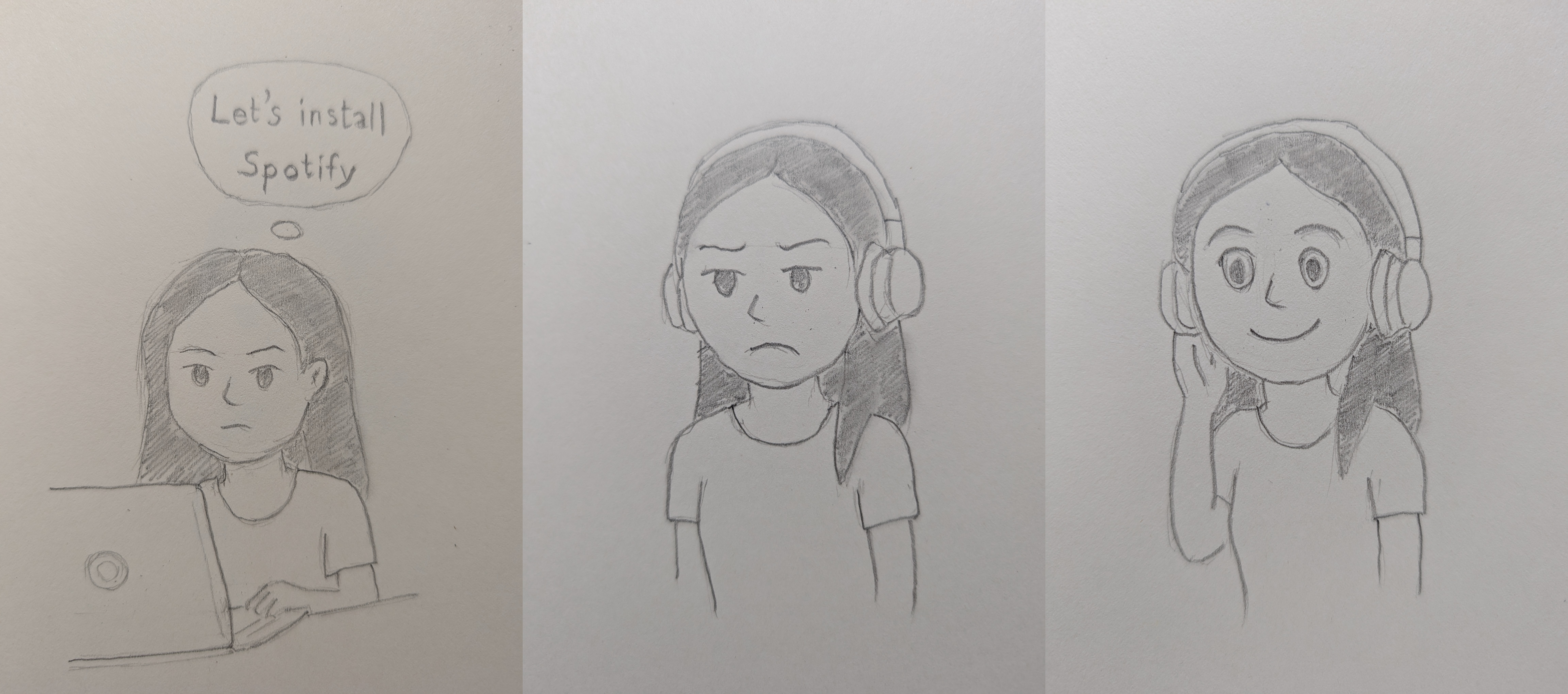 3-pane comic of a girl 1) installing spotify 2) listening and being disappointed 3) listening to something new with delight