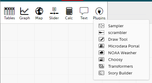 A screenshot of CODAP, showing where the Transformers plugin can be found
