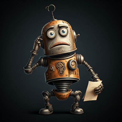 A robot holds a piece of paper, scratching its head and looking confused
