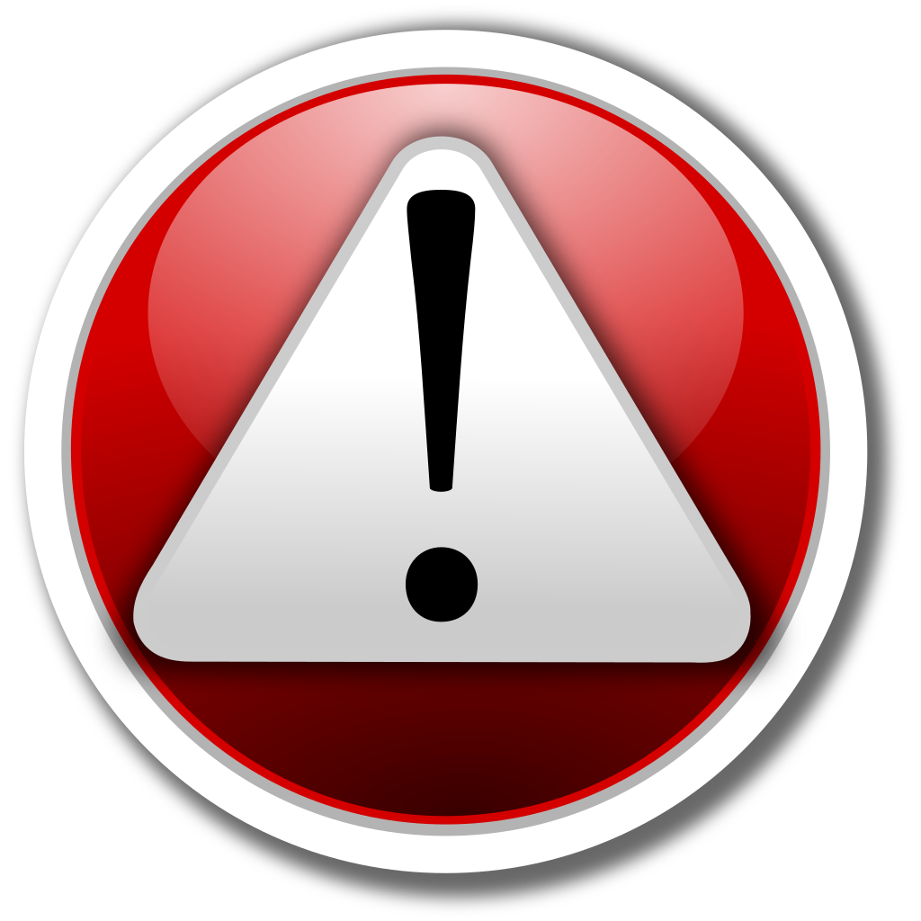 An alert symbol, showing an exclamation point inside of a white triangle, which is inside of a red circle